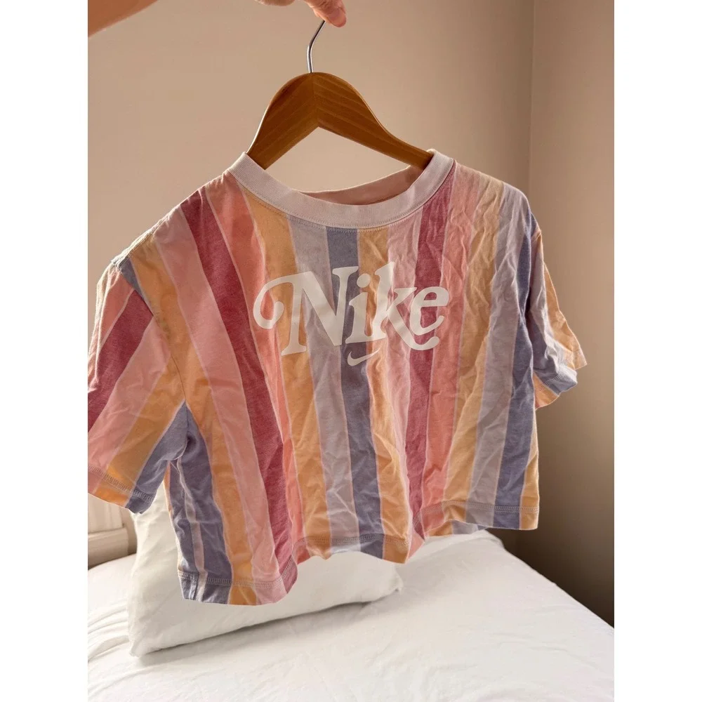 Nike Striped Crop Top Womens Pastel Multi Color Script Logo Cotton Tee small